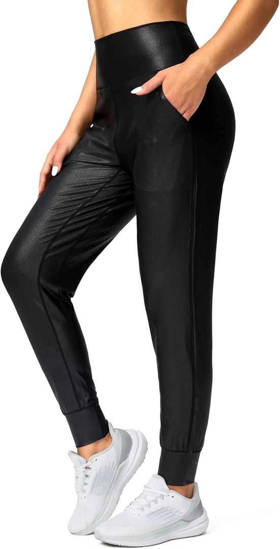 G Gradual Women's Joggers High Waisted Yoga Pants with Pockets Loose Leggings for Women Workout, Athletic, Lounge (Medium, Faux Leather Coated)