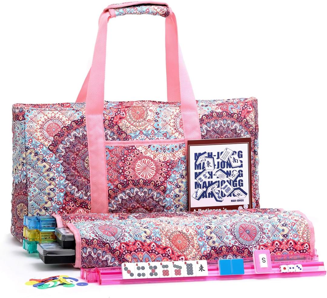 American Mahjong Tile Set with Pink Printed Carrying Bag, 166 Blue Tiles, 4 All-in-One Color Racks/Pushers, Mah Jongg Sets, Mahjong Game Set for Travel, Christmas, Birthday Gifts, 10.16 x 22.86 x 50.8 cm