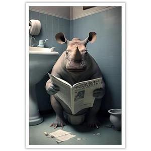 KOEUIRW Funny Rhino Bathroom Canvas Wall Art Cute Dog In Toilet Posters Black and White Animal Prints Painting Maximalist Mid Century Modern Aesthetic Wall Decor for 24x36in Unframed