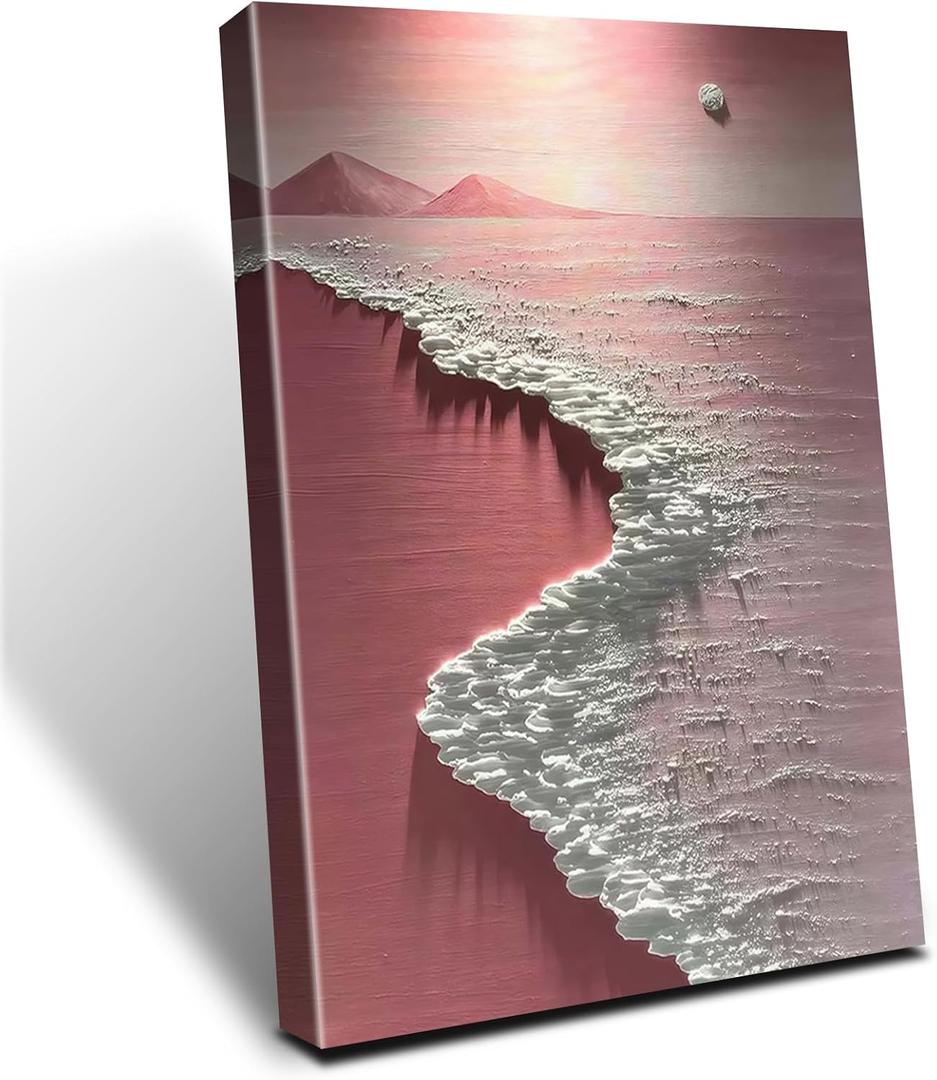 Framed Pink Ocean Wave Sunset Landscape Beach Wall Art Decor Canvas Print Painting Wall Art Picture Poster Gallery Bedroom Living Room Office Decor 16x24 Inch Ready to Hang