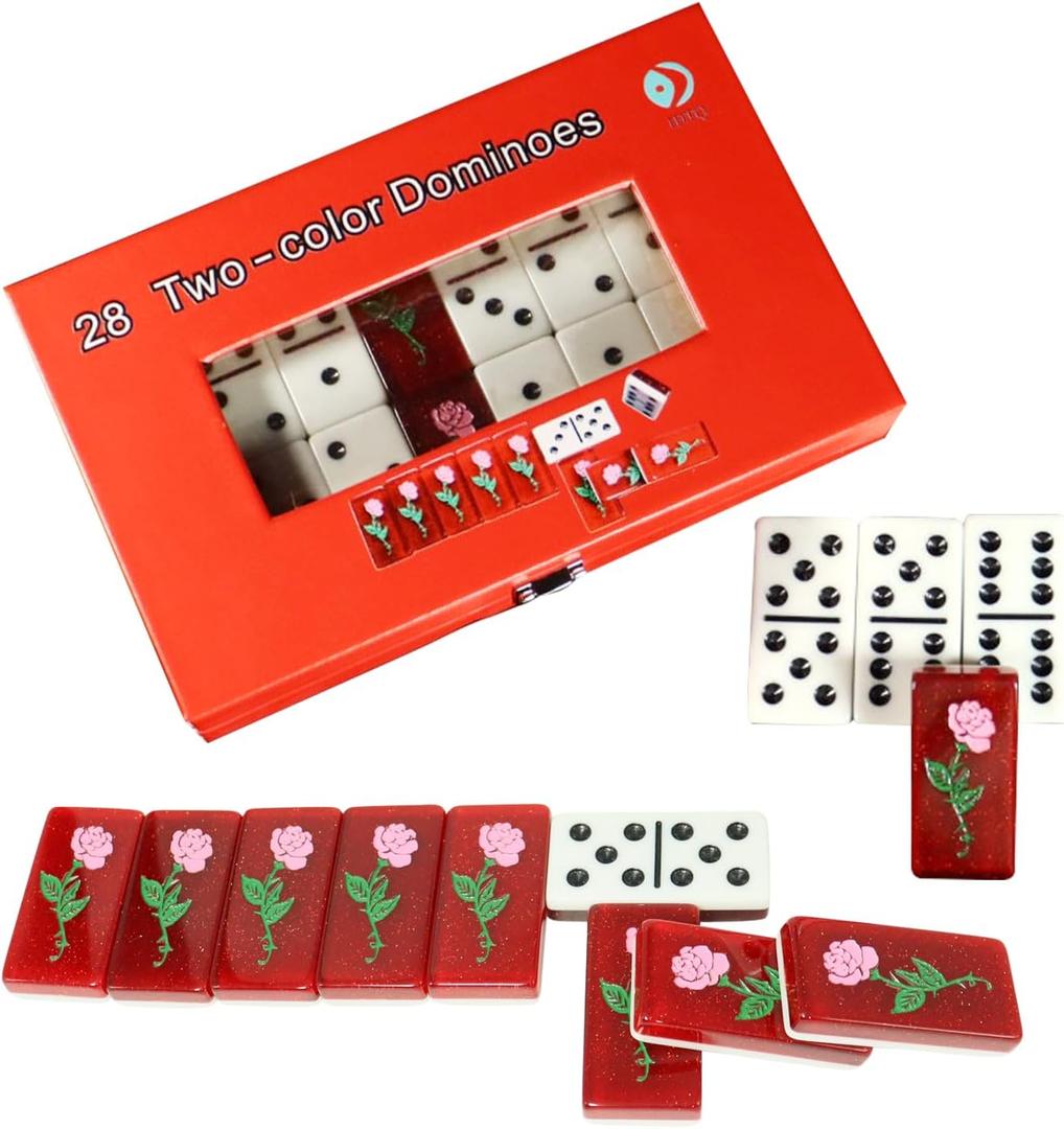 Double Six Domino Set - 28 Piece Two-Color Dominoes, Floral Rose Back and Locking Red Gift Box, Classic Table Game for 2-4 Players, Adults & Family Game Night