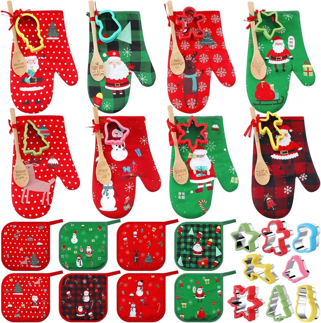 Suclain 32 Pcs Christmas Oven Mitts Pot Holders Baking Gift Set Pack Holiday Baking Cookie Cutters Wooden Spoons Kitchen Xmas Supplies for Friends Coworker Family Cooking Lover Presents