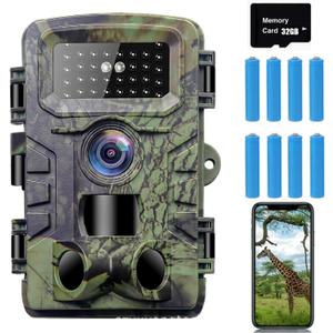 Trail Camera, 52MP 2.7K Game Camera with Low Glow Night Vision, 0.1s Trigger Speed 120 Wide-Angle Motion Activated IP66 Waterproo with 32GB SD Card