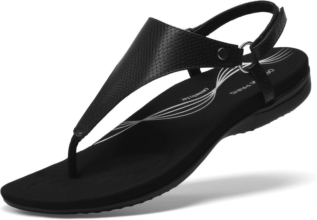 DREAM PAIRS Women's Flat Sandals Arch Support Orthopedic Comfortable Soft Cushion Summer T-Strap Walking Thong Sandals, Size 11, All Black