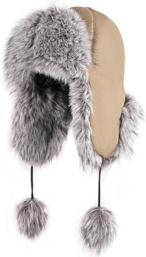Women Faux Fur Trapper Hat with Pompoms Warm Classic Ear Flaps Fuzzy Bobble Cap Warm Outdoor Ski Snow Cap for Women and Men (Khaki)