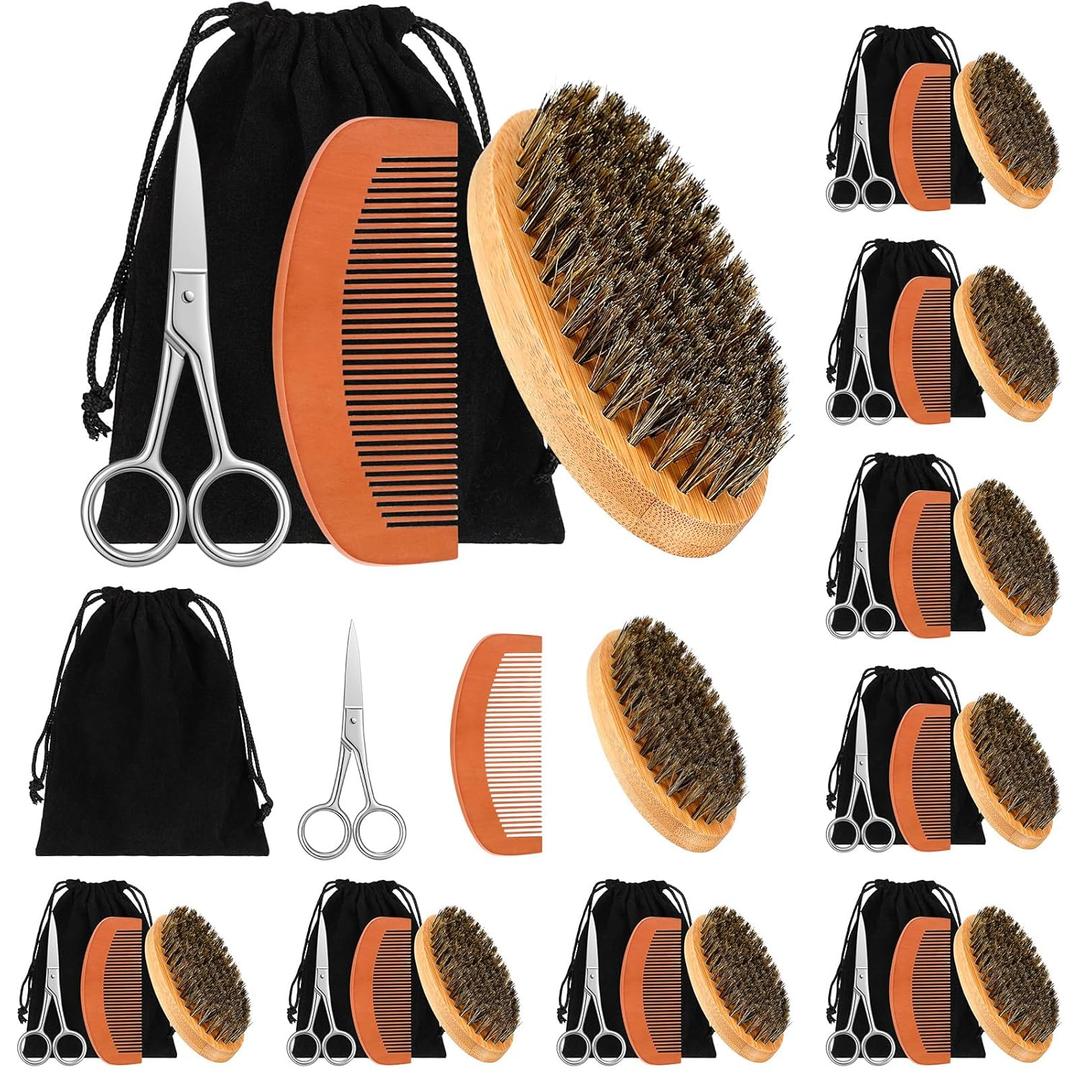 Maitys 10 Sets Beard Brush and Comb Set Bulk Boar Bristle Beard Brush Comb Scissors Kit Gifts for Men Father Colleague Employee Appreciation (Oval)