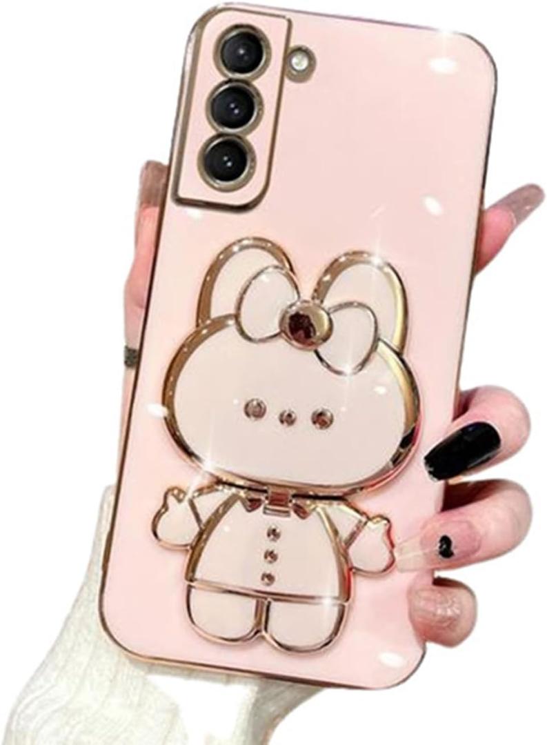 for Samsung Galaxy A15 Case Cute Hidden Rabbit Bunny Mirror Kickstand, Galaxy A15 Phone Case Girly Glitter Soft Silicone with Camera Cover for Samsung A15 for Women Girls Pink