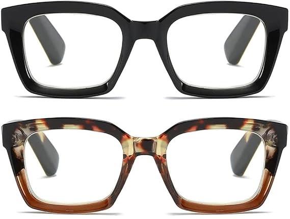 Readers for Women Oprah Style Square Reading Glasses with Spring Hinge Blue Light Blocking for Men Ladies, Pack of 2