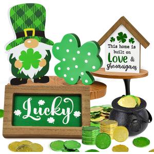 7 Pack St Patricks Day Decorations Tiered Tray Decor, St Patricks Day Table Decoration with Lucky Shamrock Gnome Block Wooden Sign Saint Patricks Decorations Centerpiece for Table Mantel Shelf Irish Day Decor