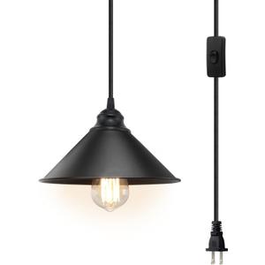 Plug in Pendant Light, Industrial Hanging Light with Plugin Cord On/Off Switch, Farmhouse Pendant Lights with Plug-in Cord, Vintage PendantLight Fixture, Hanging Lamps (Black)