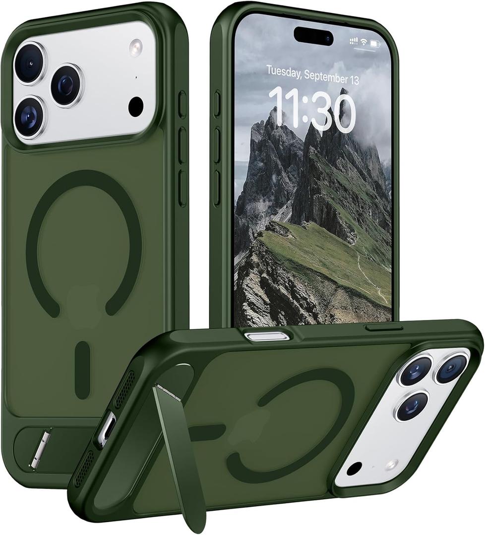 Temdan Designed for iPhone 17 Pro Case, [Built-in Invisible Kickstand][Compatible with MagSafe][Military Grade Shockproof] Slim Translucent Matte Phone Case 6.3 inch (Green)