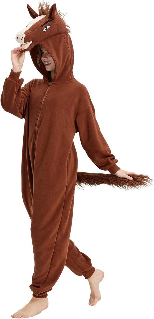 Horse Onesie for Adults Halloween Cosplay White Fronted Horse Costume One-Piece Pajamas for Women and Men