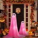 2 Pack Halloween Ghosts Outdoor Pink Spooky Ghost Decorations Outside 36'' & 18'' Tall White Light Timer Function Standing Scary Light Up Ghost Kit for Porch, Courtyard, Party, Haunted Houses (Pink)