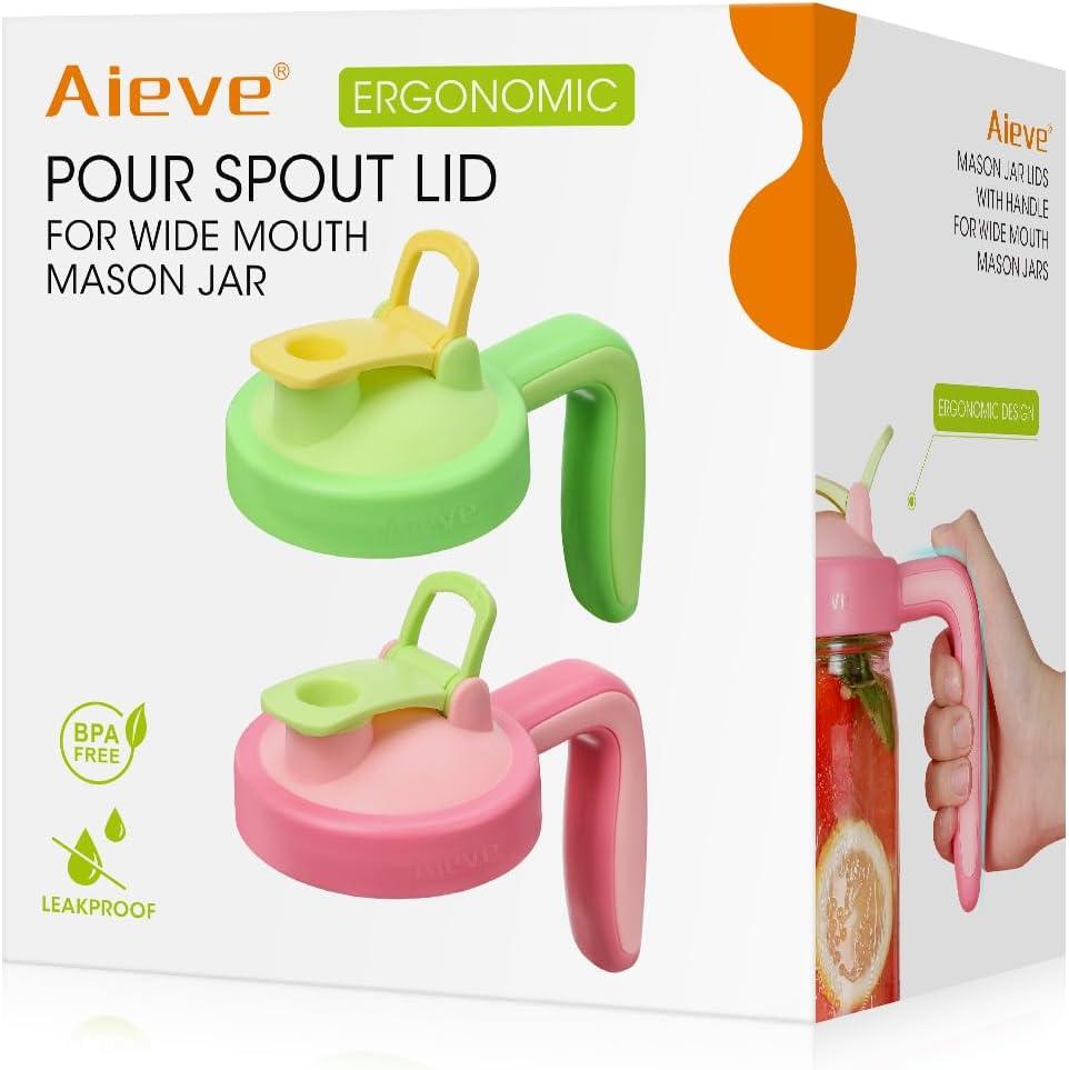 Aieve Mason Jar Pour Spout Lid for Wide Mouth Mason Jar, 2 Pack Mason Jar Pitcher Flip Cap Lids with Ergonomic Handle (Leakproof and BPA Free)