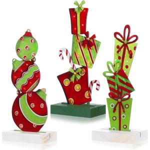 Bucherry 3 Pcs 5.21 Inch Christmas Table Decoration Metal Lime Green Red Table Centerpiece Signs Decorative Christmas Ball Gift Tiered Tray Tabletop Rustic Farmhouse Decor for Kitchen Home Desk Party