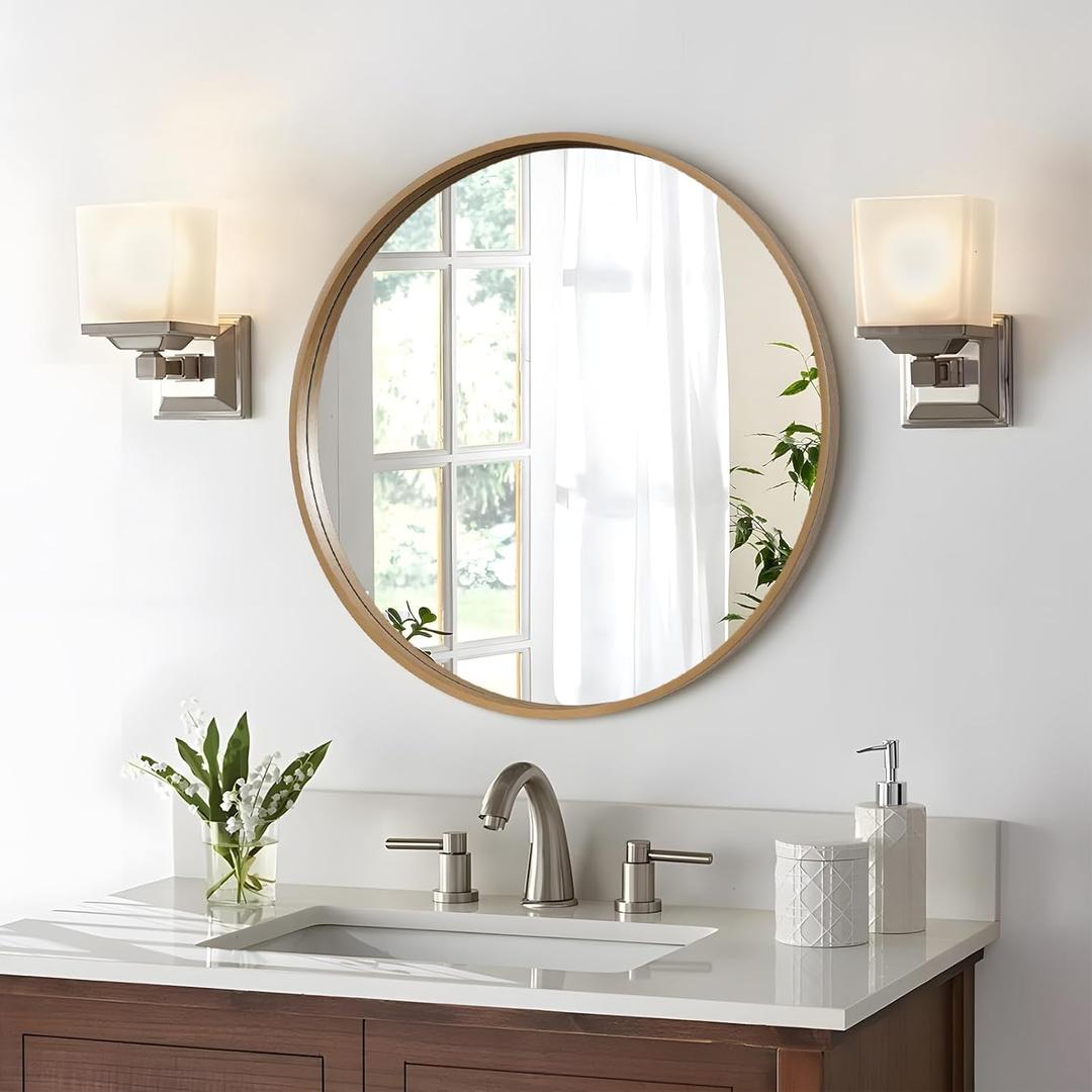 WallBeyond Round Wood Mirror 28" Circle Wall Mirror for Bathroom Round Wall Mirror for Wall Decor, Vanity, Entryway Living Room, Honey