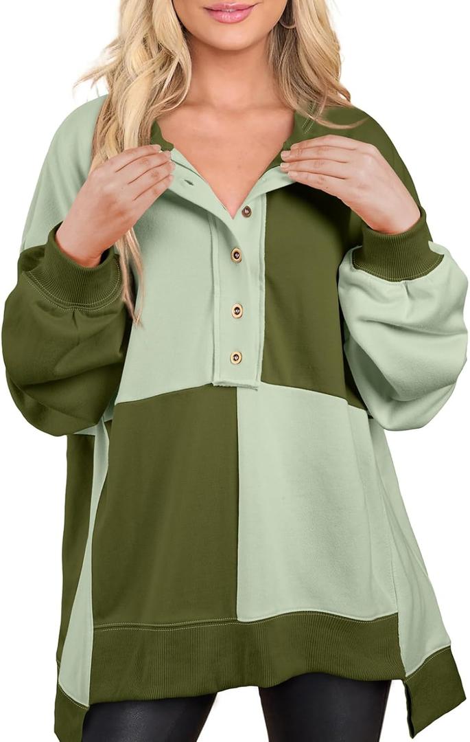 SHEWIN Womens Oversized Color Block Sweatshirts Casual Loose Button Henley Pullover Tops (S)
