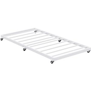 Twin Trundle Bed Frame with Metal Slats, Roll-Out Design, Easy Assembly Steel Frame with Lockable Wheels, Noiseless Pull Out Bed for Bedroom, Living Room or Guest Room, White