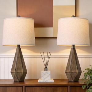 PoKat 23.5'' Table Lamps Set of 2 for Bedroom, Farmhouse Nightstand Lamps for Living Room, Rustic Bedside Lamps with Linen Lampshade for Side Table Office Hallway Entryway Dark Wood-Like (Brown)