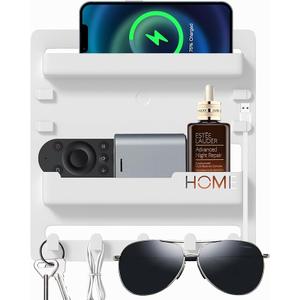 Bedside Shelf Wall Mount, Floating Bedside Adhesive Shelves Accessories, Wall Shelf Organizer and Storage for Bedroom, Camper, Dorm, Apartment-Phone, Earphone, Kindle, Remote Holder, Cable Clip,5 Hooks-White