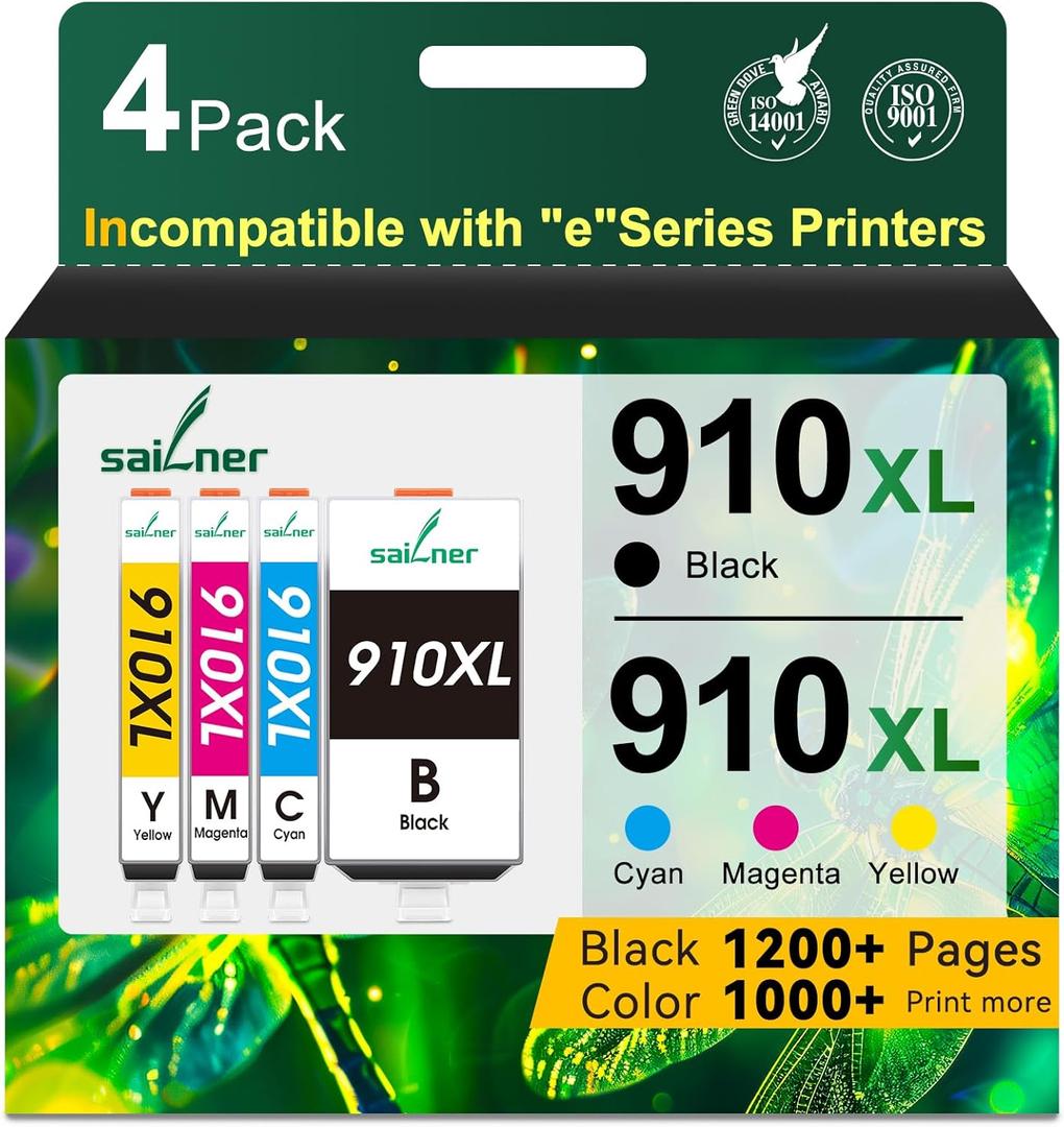 SAILNER 910XL Ink Cartridges for HP Printers Latest Chip Replacement for HP 910 910XL ink Cartridges Combo Pack Use for HP OfficeJet Pro 8020 8025 8028 8035 Officejet 8015 8010 Printer Ink 910, 4-Pack