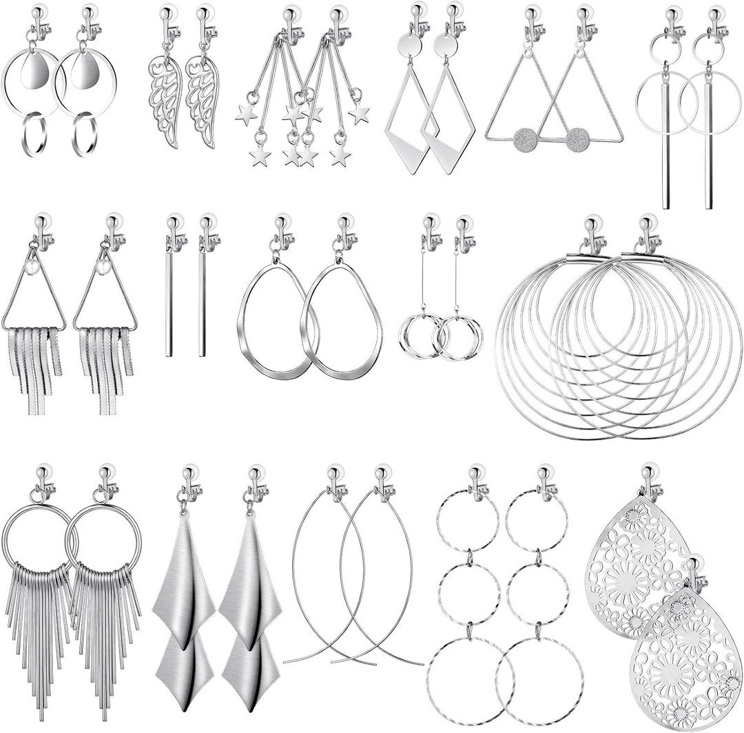 16 Pairs Clip on Earrings Women Jewelry Set Clip on Bohemian Earrings Clip on Hoop Dangle Drop Earrings Geometric Triangle Round Tassel with Rubber Pads Non Piercing Earrings for Women (Silver)
