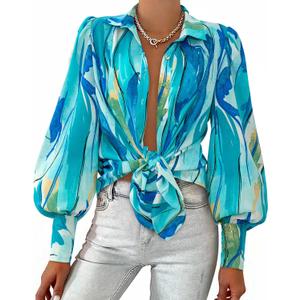 BTFBM Summer Blouses for Women Dressy Casual 2026 Long Sleeve Button Down Shirt V Neck Boho Spring Tops Fashion Clothing, X-Large