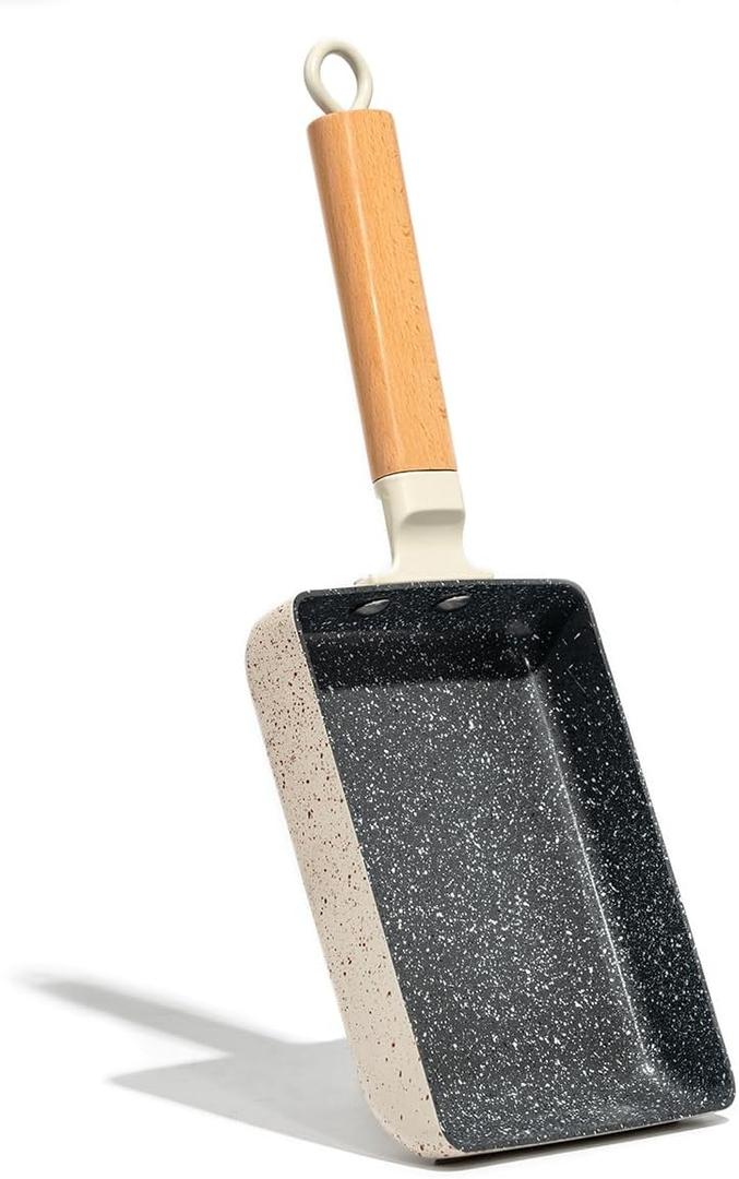 Ceramic Coating Square Japanese Tamagoyaki Omelette Small Skillet, Non-stick Rectangle Egg Roll Pan with Wood Handle (White)
