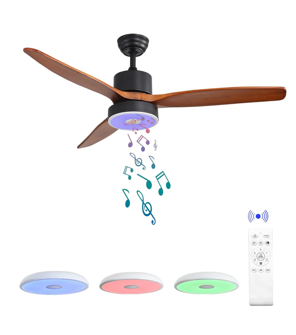 52 Inch Wood Ceiling Fan with RGB Dimming LED Light,with Music Bluetooth Speaker,Remote Control,3-Speed Regulation, Reversible Motor,Timing,for Living Room,Bedroom,Restaurant,Outdoor