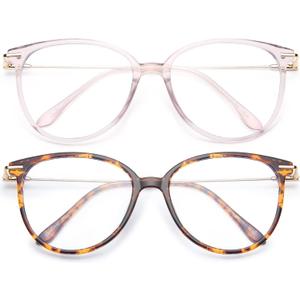 Gaoye Blue Light Blocking Glasses - Trending Round TR90 Frames, Metal Arms, UV400 Protection - Matching Soft Case (2-Pink+Tea Leopard)