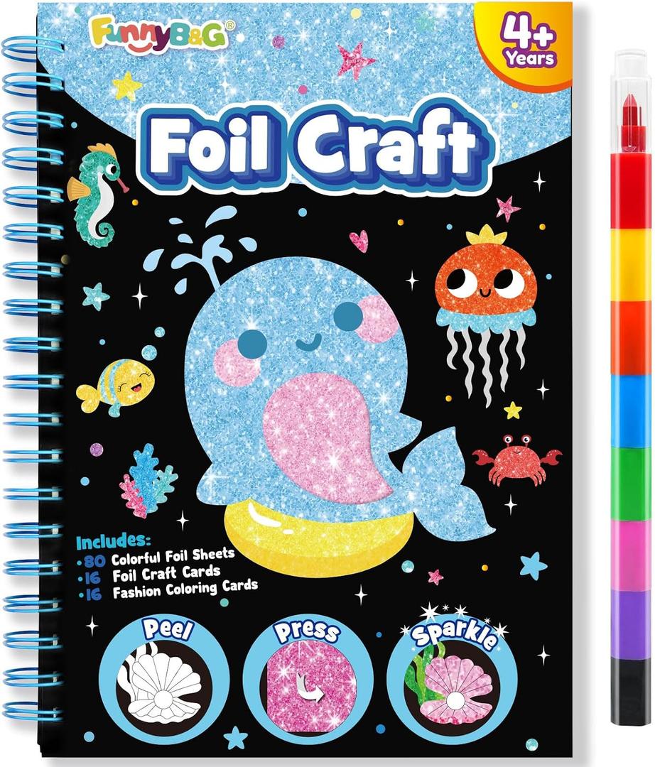 FUNNYB&G Foil Art Craft Kit for Girls 4-10 Years Old: Mess-Free & No-Glue, Create 16 Sparkly Ocean Pictures Perfect Travel Toy & Birthday Gift for Kids (Ocean), Small
