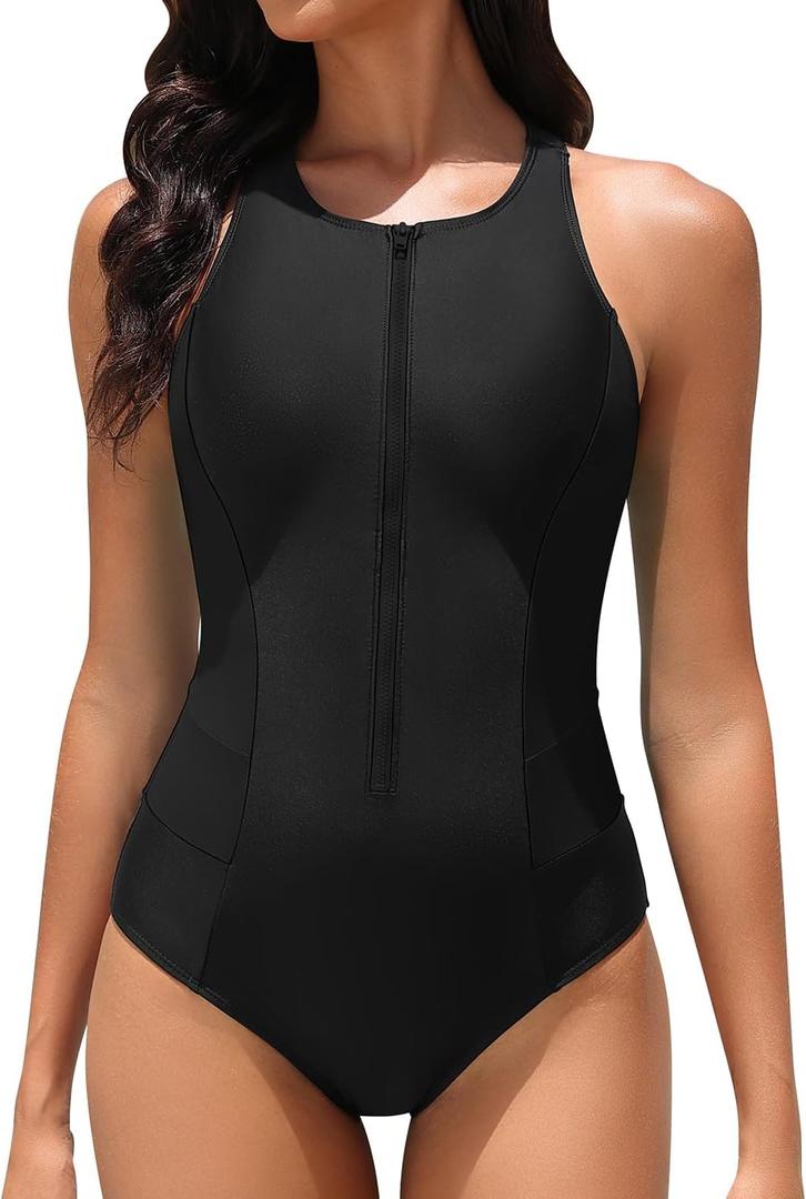 Tempt Me Women Athletic One Piece Swimsuit Zipper High Neck Bathing Suit Racerback Swimwear (XX-Large, Black)