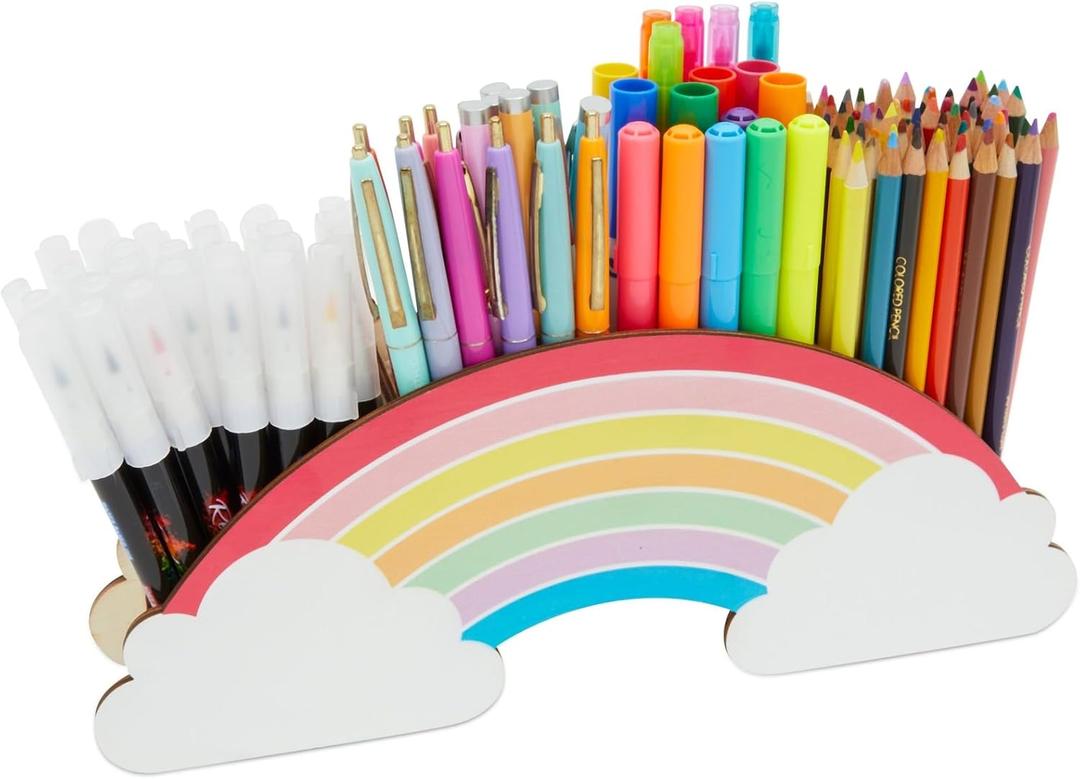 Bright Creations Rainbow Wooden Pen Holder for Desk Accessories, Cute School Supplies (12.6 x 5.04 x 2.32 In)