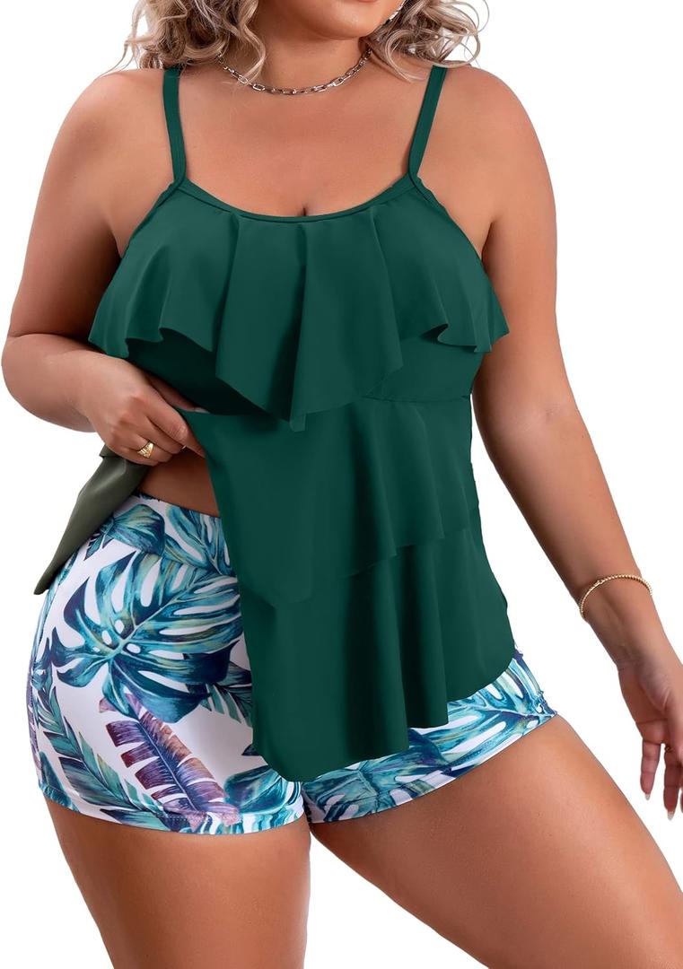 B2prity Women Plus Size Tankini Swimsuits Tummy Control Two Piece Bathing Suit Ruffled Flounce Swimwear with Shorts (Geometric Print), Size 18W