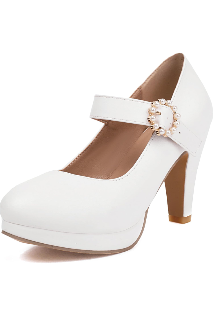 ForeMode Bow Mary Jane Shoes High Heels Closed Round Toe Pumps Leather Summer Sweet Shoe 6,5