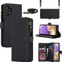 iCoverCase for Samsung Galaxy A32 5G Wallet Case with Card Holder for Women, Crossbody Lanyard Strap Kickstand PU Leather Case with Zipper Pocket Credit Card Slots Cover (Black)