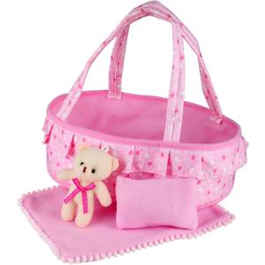 Baby Doll Cradle Bassinet Portable Doll Carrier Carry Bag Doll,Baby Doll Accessories Playset,Soft Pillow Quilt Bear,for 8-9-10-11-12 Inch Smaller Alive Baby Doll,Pretend Play Toy (Heart Pattern)