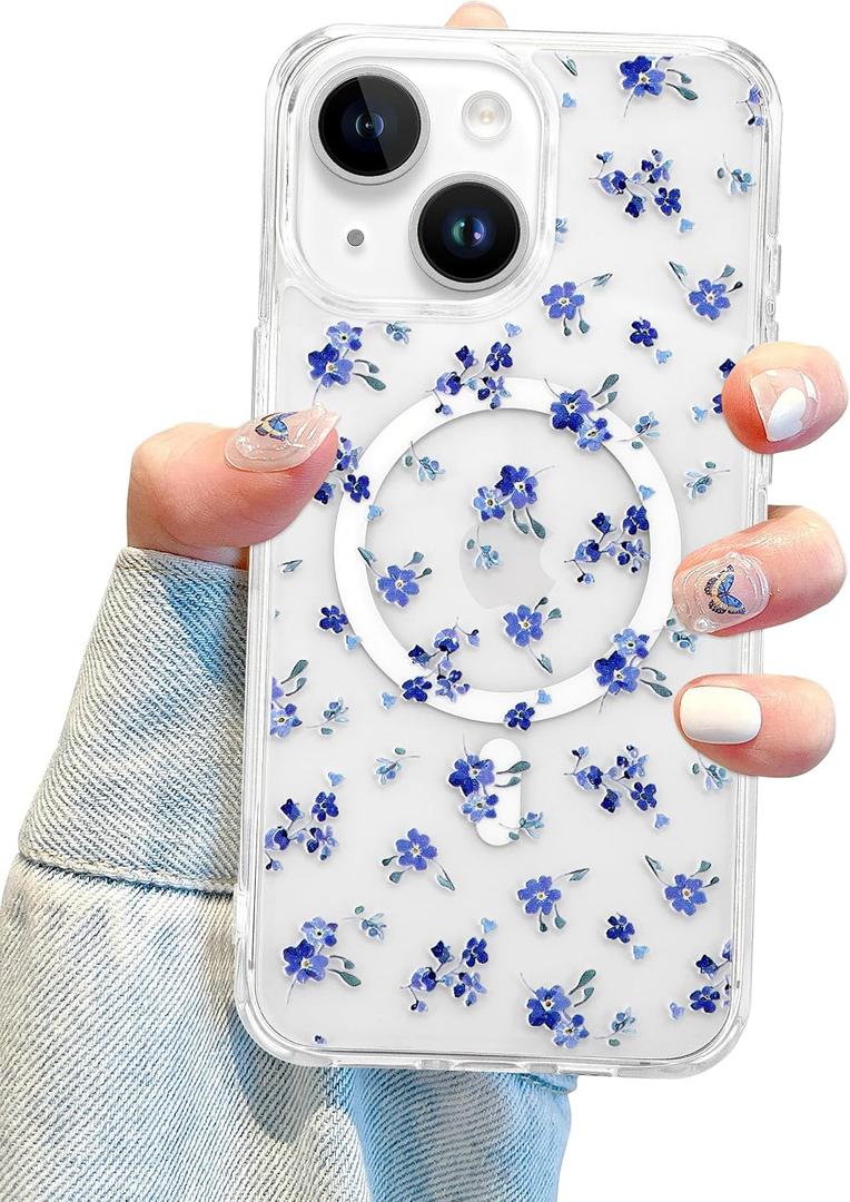 Jusy Magnetic Cute Flower Case for iPhone 15 Plus, Cute Aesthetic White Floral Pattern Phone Case Compatible with Magsafe, Soft TPU Protective Phone Cover for Women Girls - Blue Flower
