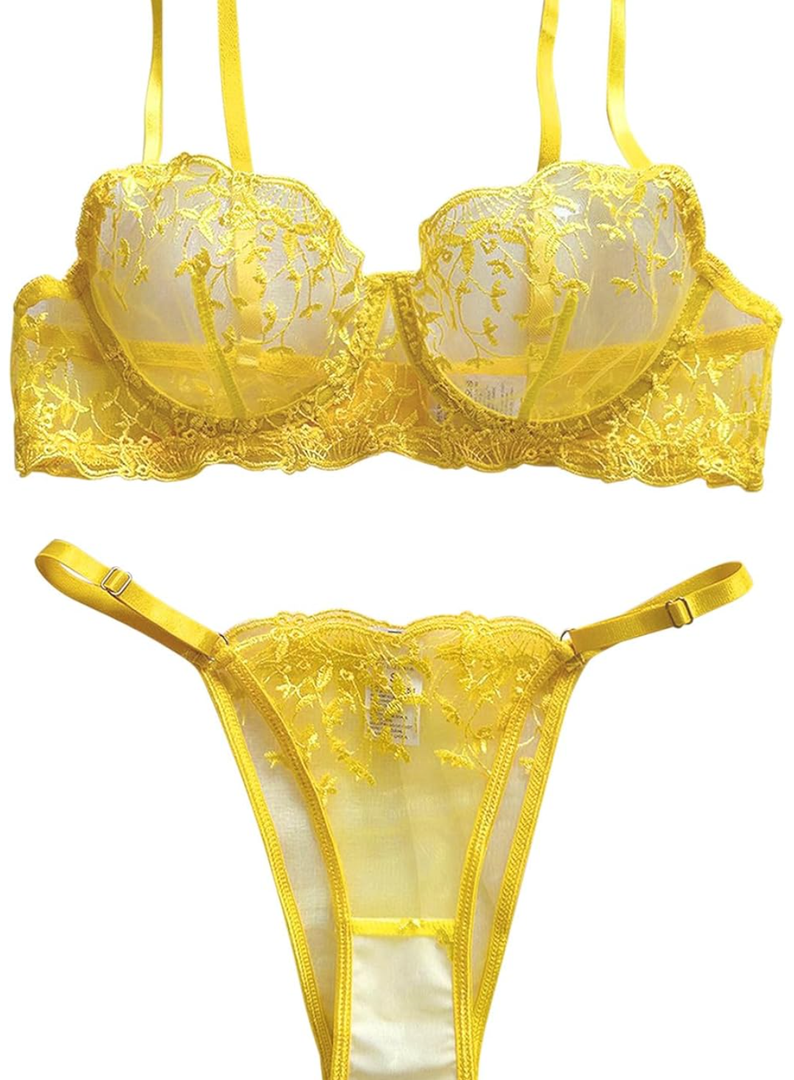 Lilosy Sexy Floral Embroidered Mesh Women Underwire Push Up Lingerie Set S