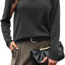 Women's 100% Wool Sweater Henley Crew Neck Knit Pullover Sweater Half Button up Jumper Office Casual Outfits (Black, S)