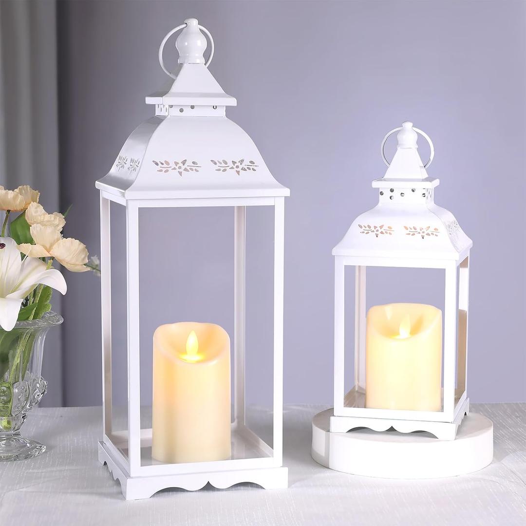 2 Pack Lanterns Decorative Indoor, White Farmhouse Outdoor Lantern for Porch, 17'' 12'' Floor Lantern Decor (no Glass) with 2PCS LED Flameless Candles for Wedding Home Table Front Door