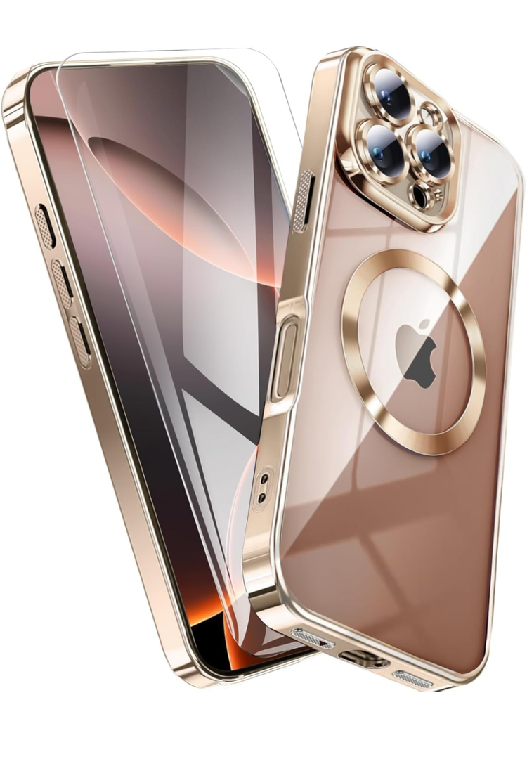 QiiStar Clear Titanium for iPhone 16 Pro Case with Screen Protector [Compatible with MagSafe][Full Camera Cover Protection] Metallic Glossy Luxury Soft TPU Case iPhone 16Pro Phone Cover,Desert Gold
