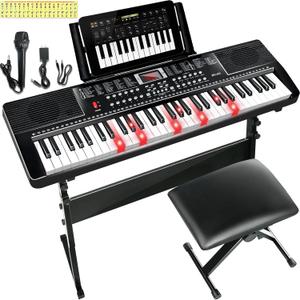 61 Key Keyboard Piano for Beginners with Lighted Keys & Pro Teaching Modes,Includes Stand, Bench, Microphone, Music Stand,70 Demos, 200 Rhythms/Tones, Gift for Beginners, 61Key Keyboard Piano Kit with Piano Stool & Stand