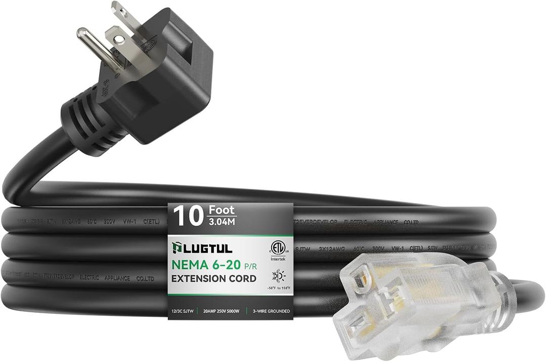 PLUGTUL NEMA 6-20 Extension Cord 10FT, Heavy Duty Extension Cord with Lighted Outlet, 20A/250V, 12Gauge SJTW, ETL Listed, 6-20P to 6-15/20R (T Blade Female Adapter) - Black
