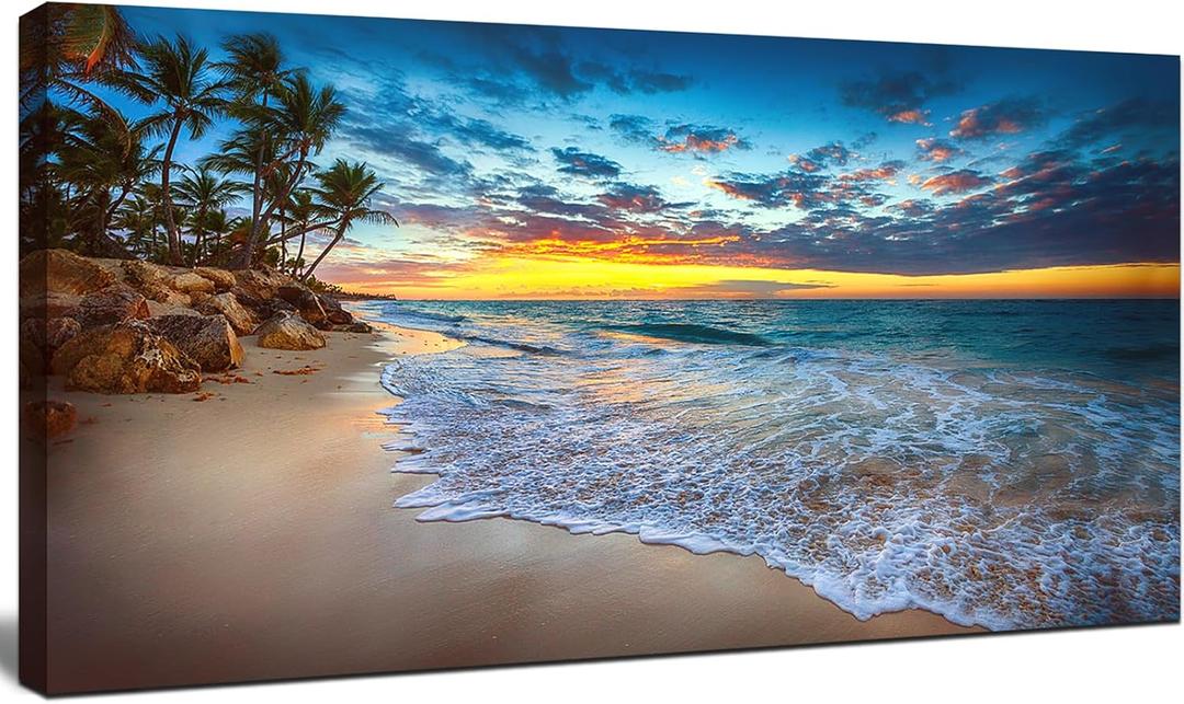 Large Sunset Beach Canvas Wall Art for Living Room Coastal Painting Wall Decor Seascape Picture Nature Ocean Artwork Poster Print for Kitchen Bedroom Decoration 20"x40"