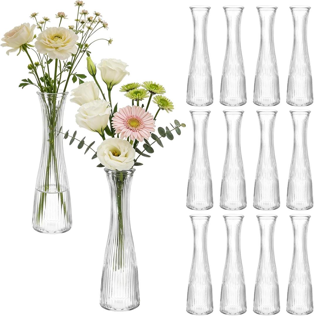 12 PCS Glass Bud Vases in Bulk, 8.5 Tall Clear Ribbed Flower Vases for Centerpieces, Textured Minimalist Small Vases for Flower, Home Office Wedding Table Decorations