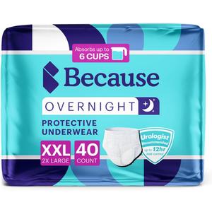 Because Overnight Absorbency Pull Ups - Adult Disposable Incontinence Underwear, Extra Absorbent Nighttime Briefs for Men and Women, White, XXLarge, 40 Count (4 Packs of 10)