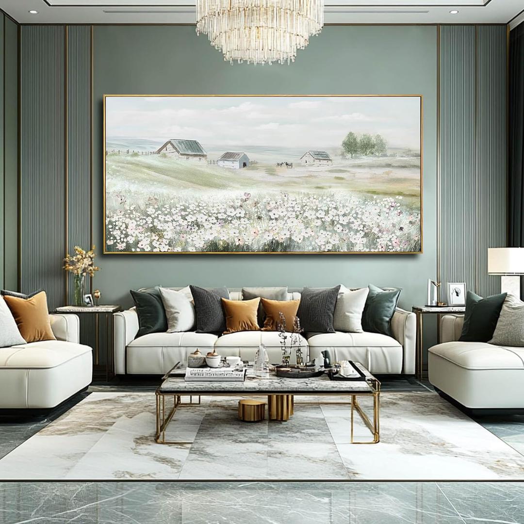 Modern Farmhouse Wall Art White Floral Wall Decor Green Print Pictures Framed Arts Extra Large Artwork 36"x70"
