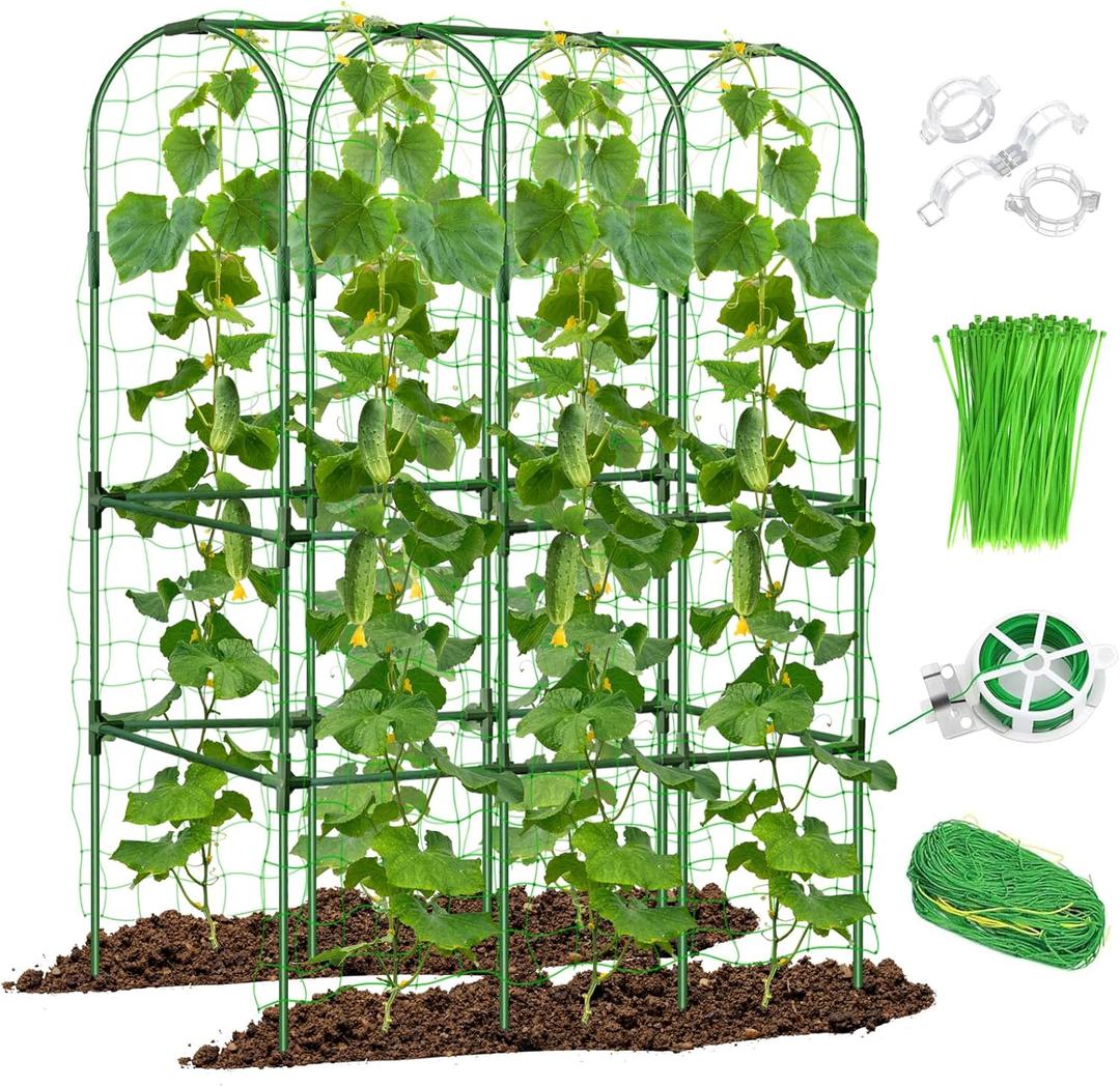 Cucumber Trellis for Raised Bed, 5.5  4.2ft U-Shape Garden Trellis for Climbing Plants Outdoor with Climbing Net and Plant Clips, Vertical Metal Cucumber Plant Support for Vegetables, Green Beans