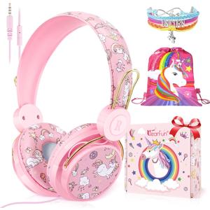 QearFun Sparkly Unicorn Headphones for Girls, Wired Headset with Mic, HD Stereo Sound, Foldable Over-Ear Headphones,Tangle-Free Cord for School, Travel, Tablet-Ideal Christmas & Birthday Gift (Pink)